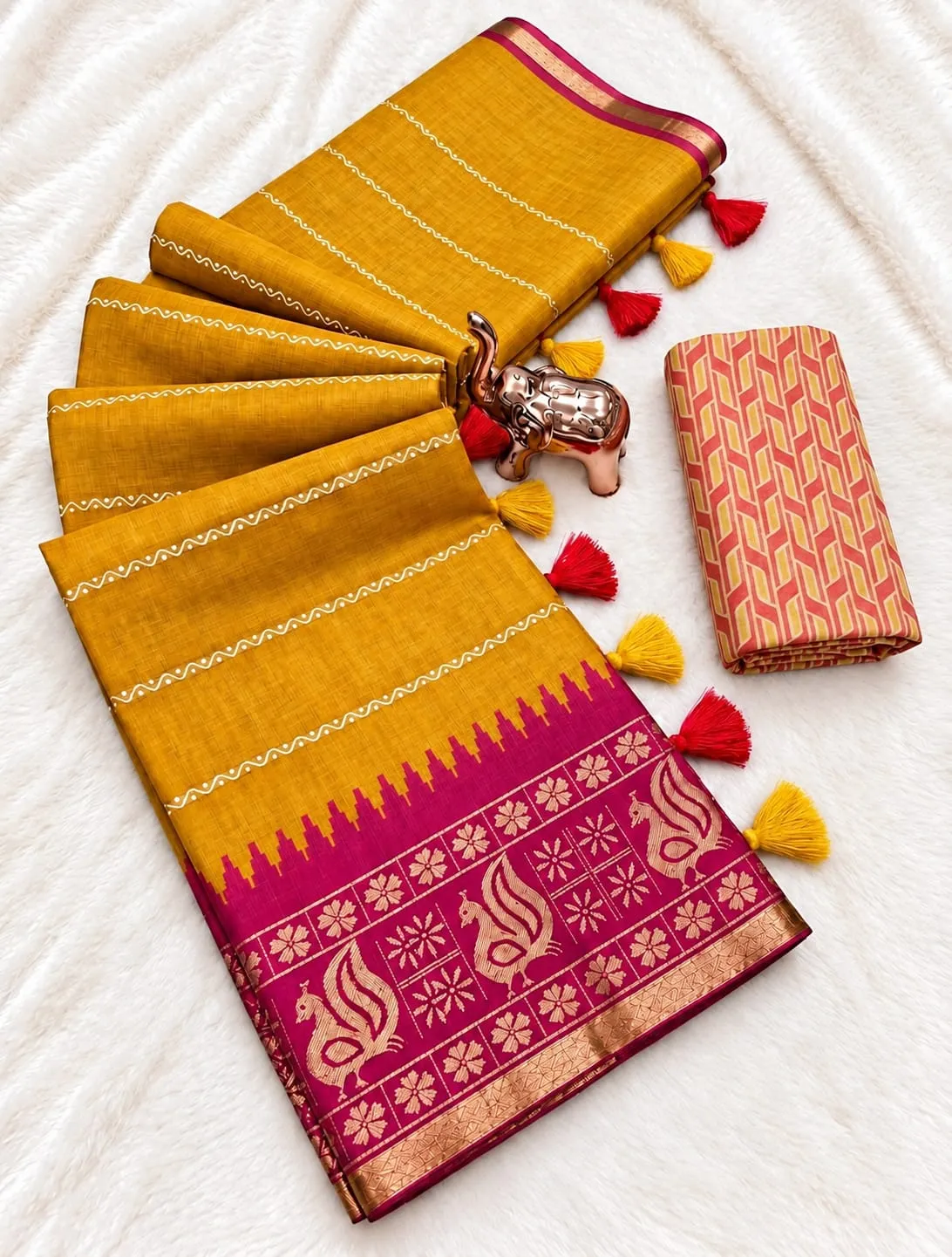 Mustard Yellow Pink Artistic Border Linen Cotton Saree